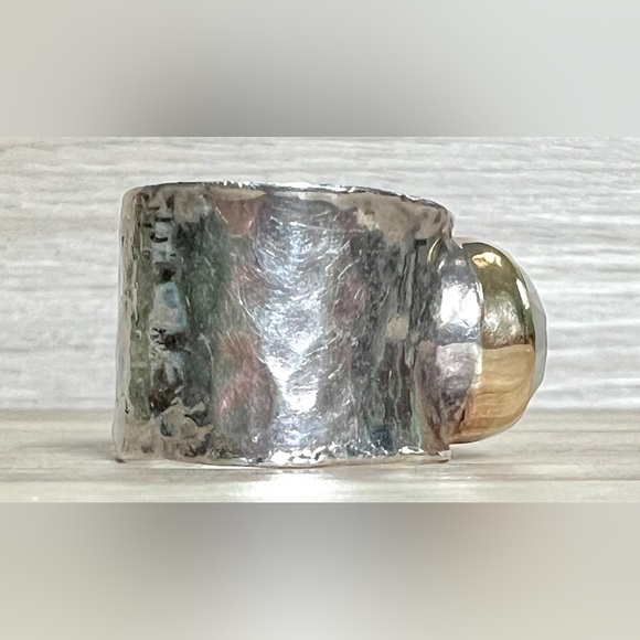 Designer Sundance Sterling Silver & Gold Hammered Wide Band Moonstone Ring - Picture 5 of 11